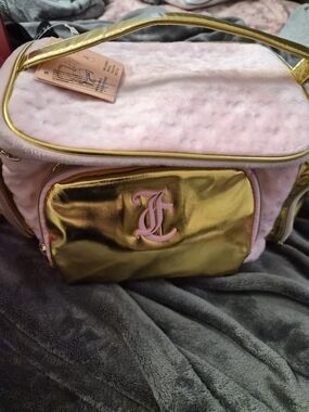 Juicy Couture Pink Plush Cosmetic Bag with Gold Metallic Pocket